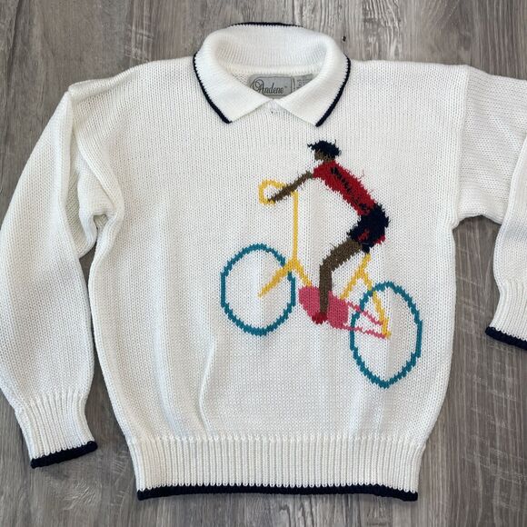 Andene M Sweater White Knit Collared Cyclist Bicycle 80s 90s Vintage Acrylic - Picture 1 of 16